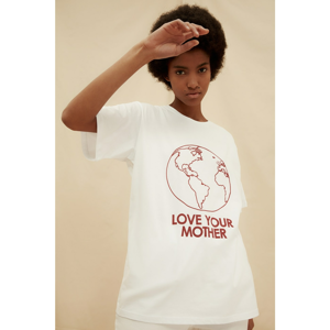Trendyol White 100% Organic Cotton Boyfriend Printed Knitted T-Shirt