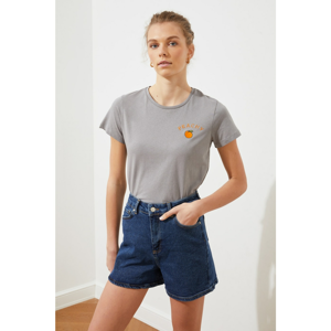 Trendyol Gray Embroidered Basic Knitted T-Shirt