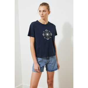 Trendyol Navy Blue Semifitted Printed Knitted T-Shirt