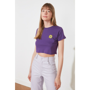 Trendyol Purple Embroidered Crop Knitted T-Shirt