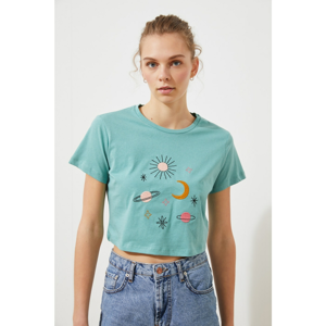 Trendyol Mint Embroidered Crop Knitted T-Shirt