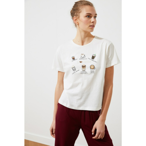 Trendyol Ekru Semifitted Embroidered Knitted T-Shirt