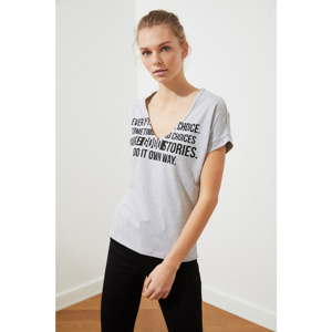 Trendyol Gray Printed V Collar Basic Knitted T-Shirt