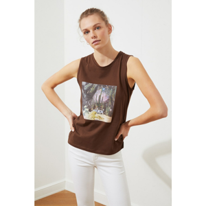 Trendyol Brown Printed Sleeveless Basic Knitted T-Shirt