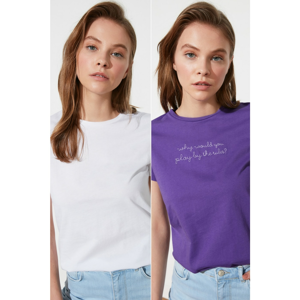 Trendyol Purple and White Embroidered and Flat 2 Pack Basic Bicycle Collar Knitted T-Shirt