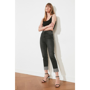 Trendyol Anthracite Leg Folding Detail High Waist Mom Jeans