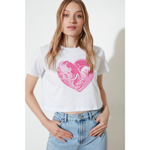 Trendyol White Printed Crop Knitted T-Shirt