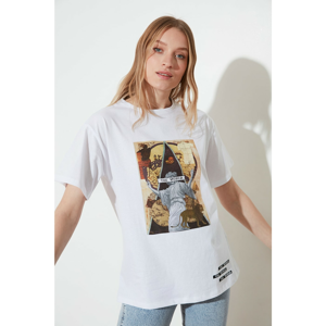 Trendyol White Printed Boyfriend Knitted T-Shirt