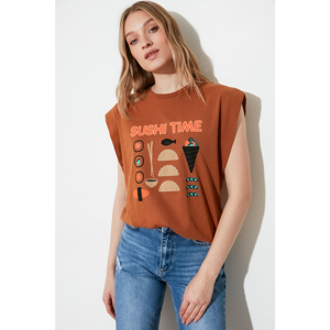 Trendyol Brown Printed Sleeveless Basic Knitted T-Shirt