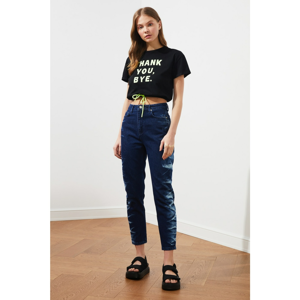 Trendyol High Waist Mom Jeans WITH Navy Blue Batik Wash Effect