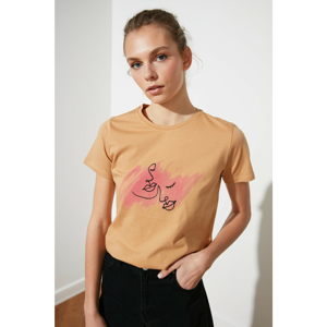 Trendyol Camel Printed Basic Knitted T-Shirt