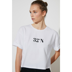 Trendyol White Front and Back Printed Crop Loose Knitted T-Shirt