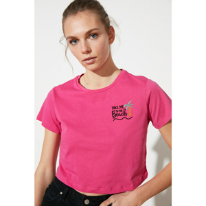 Trendyol Fuchsia Embroidered Crop Knitted T-Shirt