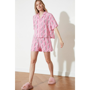 Trendyol Pink Patterned Shirt-Shorts Woven Pajamas Set