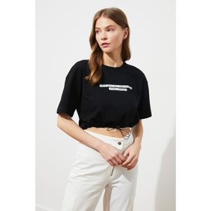 Trendyol Black Printed Ruffled Crop Knitted T-Shirt