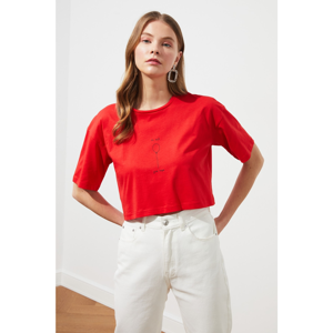 Trendyol Red Printed Crop Knitted T-Shirt