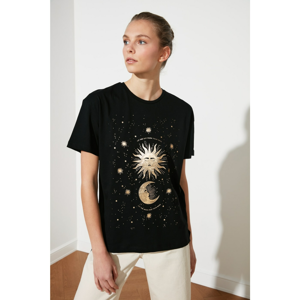 Trendyol Black Printed Asymmetrical Knitted T-Shirt