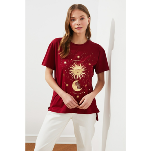 Trendyol Burgundy Printed Asymmetrical Knitted T-Shirt