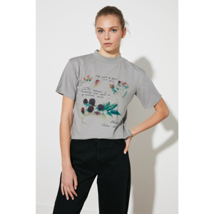 Trendyol Gray Basic Right Collar Printed Knitted T-Shirt