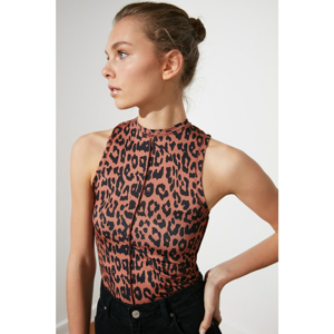 Trendyol Brown Leopard Print Bicycle Collar Knitted Blouse