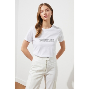Trendyol White Printed Basic Knitted T-Shirt