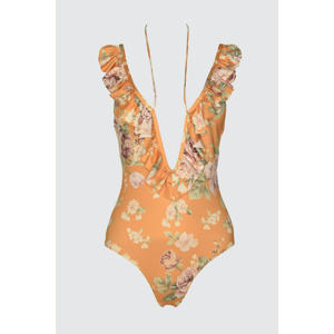 Trendyol Mustard Floral Patterned Flywheel Swimsuit