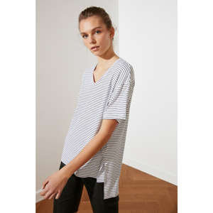 Trendyol White Striped Asymmetrical Knitted T-Shirt