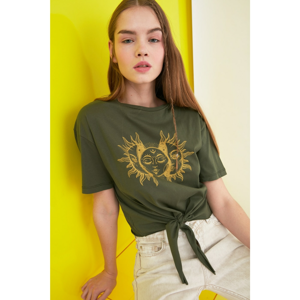 Trendyol Khaki Binding Detailed Printed Crop Knitted T-Shirt