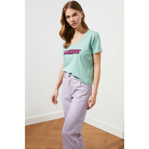 Trendyol Mint Printed Crop Knitted T-Shirt