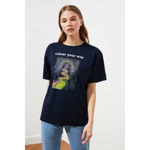 Trendyol Navy Blue Boyfriend Printed Knitted T-Shirt
