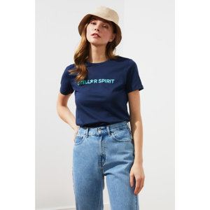 Trendyol Navy Blue Printed Basic Knitted T-Shirt