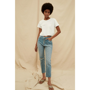 Trendyol Blue Front ButtonEd Ripped Detail High Waist 100% Organic Cotton Mom Jeans