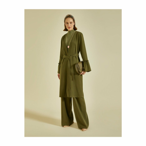 Koton Women's Green V-Neck Sleeves FlywheelEd Long Sleeve Waist-Tied Kimono