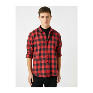 Koton Men's Red Cotton Square Classic Collar Long Sleeve Shirt