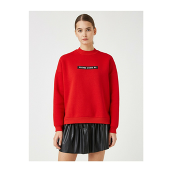 Koton Printed Sweatshirt With Women's Red Cotton Upright Collar