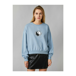 Koton Women's Blue Bike Collar Printed Sweatshirt