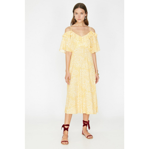 Koton Women's Yellow Short Sleeve Ruffle Detailed Midi Dress