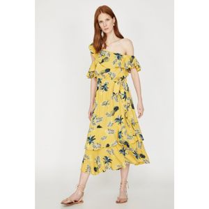 Koton Midi Dress with Women's Yellow Shoulder Detailing Short Sleeves Tied Waist 9YA88233PW