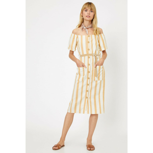 Koton Women's Yellow Shoulder Light Short Sleeve Striped Midi Dress