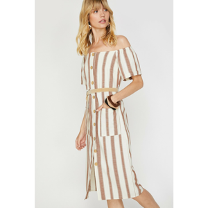 Koton Striped Belt Detailed Linen Dress