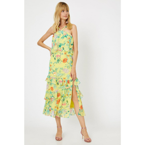 Koton Midi Patterned Dress with Sleeveless Ruffle Detail with Women's Yellow Collar Detail