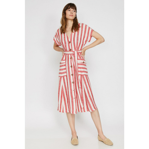 Koton Midi Striped Dress with Women's Red Pocket Detail Short Sleeves Tie Detail