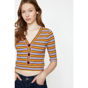 Koton Women's Yellow V Collar Short Sleeve Striped T-Shirt