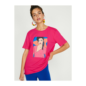 Koton Women's Pink Patterned Short Sleeve Bike Collar T-Shirt