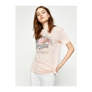 Koton Women's Pink Short Sleeve Patterned T-shirt