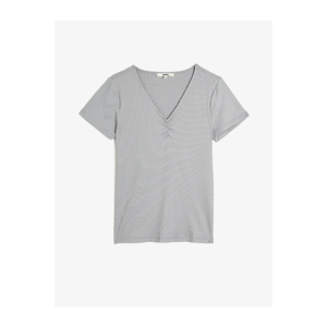 Koton Women's Grey Short Sleeves V-Neck T-Shirt