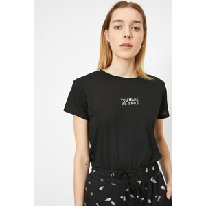 Koton Women's Summer Printed Bicycle Collar Black T-shirt