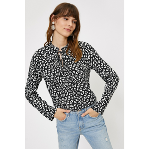 Koton Long Sleeve Leopard Print Blouse with Women's Black Collar Detail