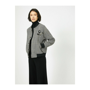 Koton Women's Embroidered Pocket Detailed Checkered Jacket