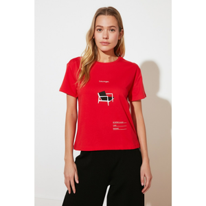 Trendyol Red Bike Collar Semi-Fitted Printed Knitted T-Shirt